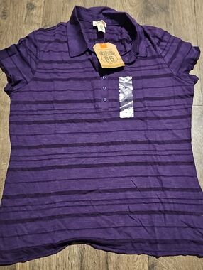 NWT POLO SHIRT Route 66 Purple Striped Top XLARGE Y2K Woman Short Sleeve Shirt